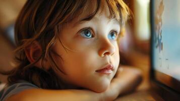 A young boy sitting in front of a computer screen, focused on the display. photo