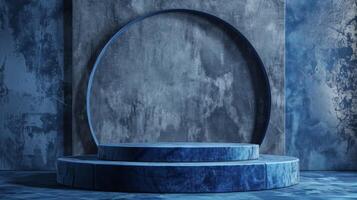 A modern circular blue pedestal with industrial design elements, set against a textured blue background in daylight. photo