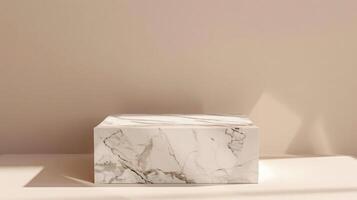A marble box rests on a sunlit table inside a minimalist space, casting soft shadows in the ambient light. The marbles veining pattern is clearly visible. photo
