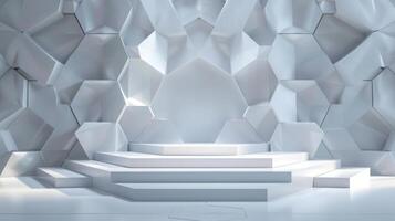A sleek, futuristic stage with a polygonal design and a geometric background, bathed in bright lighting. The stage features ascending white steps and a textured backdrop. photo