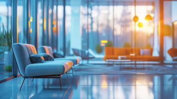A stylish, modern lounge area in an office building bathed in the warm glow of sunset. Comfortable seating with floor-to-ceiling windows enhances the ambiance. photo