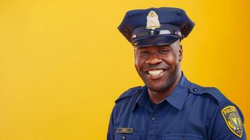 A cheerful police officer in full uniform stands against a vibrant yellow background, showcasing a friendly demeanor. photo