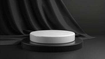 A sleek white pedestal stands on a black base, set against a dark draped background, showcasing minimalist design under studio lights. photo