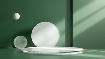 Abstract arrangement of white circular objects on a green surface with light and shadow play, creating a minimalist, modern aesthetic. photo