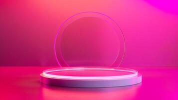 A circular object set against a vibrant pink and purple backdrop, creating a striking visual contrast. photo