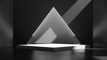 A minimalist geometric light installation features a triangular structure illuminated by beams of light, creating stark black and white contrasts and shadows. photo