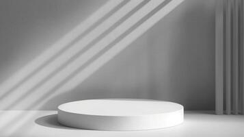A round white pedestal sits in a sunlit room with shadow patterns on a gray wall, creating a minimalist, serene atmosphere. photo