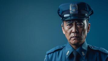 A stern-faced asian police officer stands in full uniform against a solid blue background, captured under studio lighting. photo