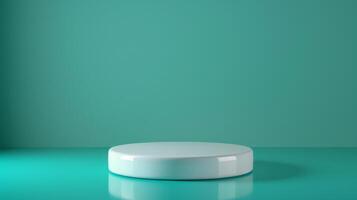 A minimalist white circular platform is placed against a vibrant teal background under studio lighting, creating a modern and clean visual effect. photo