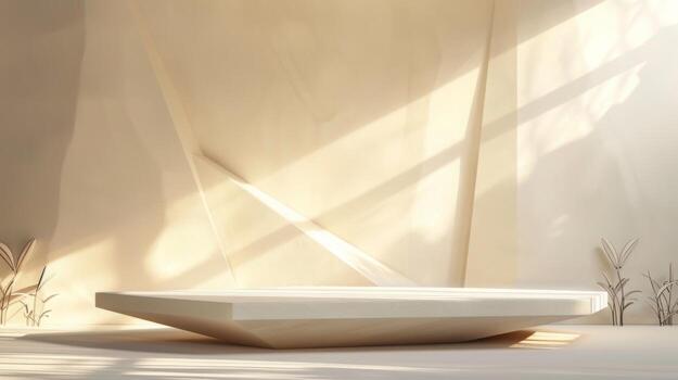 A minimalist room with an elegant, geometric centerpiece illuminated by sunlight streaming through angular windows. photo