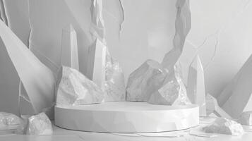 A futuristic setting with large, geometric crystal formations surrounding a circular platform, all in a monochrome light. photo