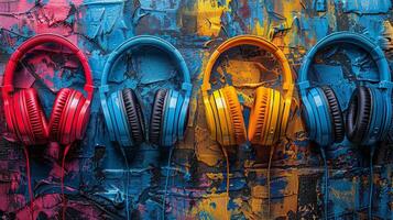 Assorted colorful headphones hanging neatly on a wall, creating a visually appealing display. photo