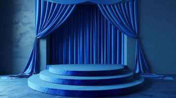 A stage with a blue curtain and steps leading up to it, set up for performances or events. photo