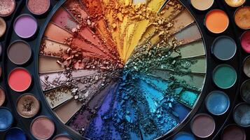 Detailed view of a colorful palette of eyeshades with various shades and hues, perfect for creating bold eye makeup looks. photo