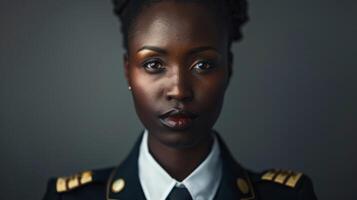 A serious black female military officer stands indoors in formal dress uniform, looking directly at the camera, with a focused expression. photo