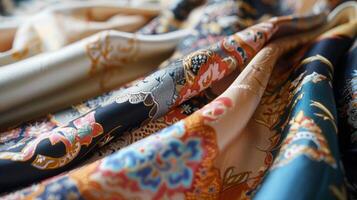 A detailed view of different types of fabrics, showcasing textures, patterns, and colors. photo