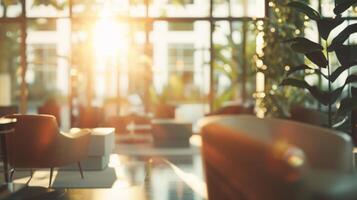 Bright sunlight filters through the windows of a bustling office building, illuminating the workspace within. photo