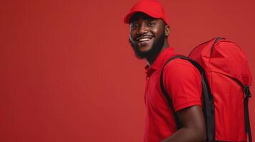 A cheerful black delivery worker is standing confidently with a red backpack and cap against a vibrant red background, ready for his next delivery. photo