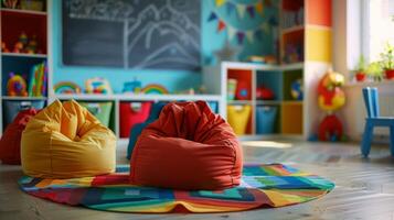 Two colorful bean bag chairs are placed on a fluffy rug in a childs room. The room is bright and inviting, with toys scattered around. photo