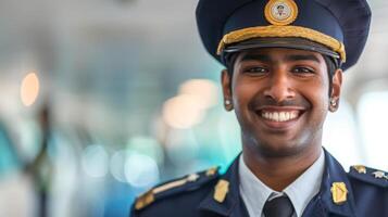 A cheerful security officer in uniform smiles warmly, standing inside a bright train station, creating a welcoming atmosphere. photo