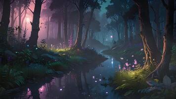 A serene forest scene at dusk with a stream, glowing flowers, and a pink-hued sky peering through the silhouette of trees. video