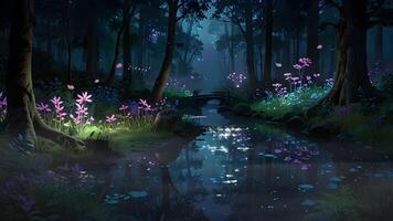 A serene forest scene at dusk with a stream, glowing flowers, and a pink-hued sky peering through the silhouette of trees. video