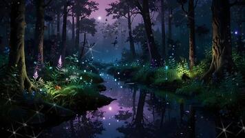 A serene forest scene at dusk with a stream, glowing flowers, and a pink-hued sky peering through the silhouette of trees. video