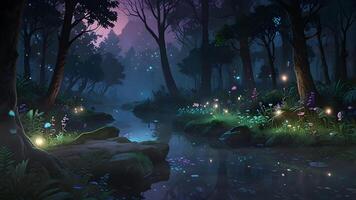 A serene forest scene at dusk with a stream, glowing flowers, and a pink-hued sky peering through the silhouette of trees. video
