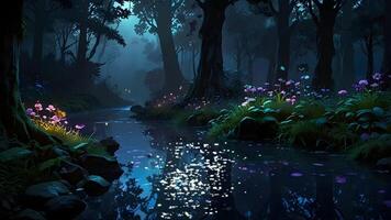 A serene forest scene at dusk with a stream, glowing flowers, and a pink-hued sky peering through the silhouette of trees. video