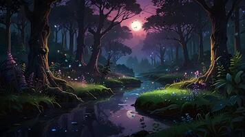 un sereno bosque escena a oscuridad con un arroyo, brillante flores, y un de color rosa cielo mirando mediante el silueta de arboles video
