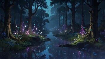 A serene forest scene at dusk with a stream, glowing flowers, and a pink-hued sky peering through the silhouette of trees. video