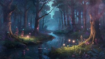 A serene forest scene at dusk with a stream, glowing flowers, and a pink-hued sky peering through the silhouette of trees. video
