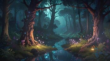 A serene forest scene at dusk with a stream, glowing flowers, and a pink-hued sky peering through the silhouette of trees. video