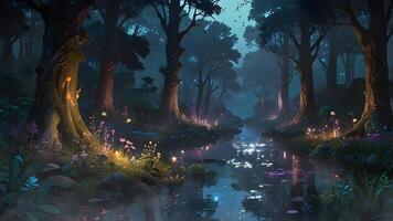 A serene forest scene at dusk with a stream, glowing flowers, and a pink-hued sky peering through the silhouette of trees. video