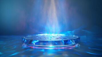 A circular platform emits vibrant blue and pink lights, creating a mystical ambiance in a dark setting. The surrounding area is softly illuminated by the radiant glow. photo