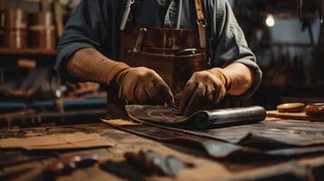 A man is focused on working in a leather workshop, cutting and stitching pieces of leather to create various items. photo