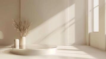 A serene minimalist interior featuring dried flowers in a vase on a circular table. Sunlight streams through large windows, casting soft shadows across the room. photo