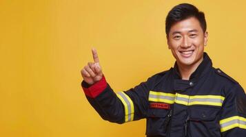 A cheerful asian male firefighter in uniform stands pointing upwards with his right index finger against a solid yellow background indoors. photo
