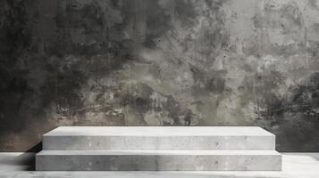 A concrete step is positioned in front of a solid concrete wall, creating a stark urban scene. photo