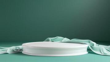 A white pedestal is draped with green fabric and set against a uniform green background, illuminated by soft studio lighting. photo