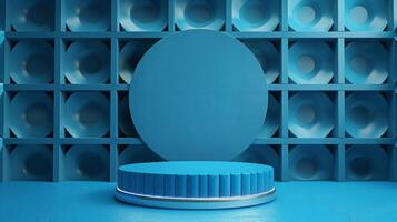 A modern blue stage set with a circular platform and grid-patterned background under studio lighting, ready for a presentation or performance. photo