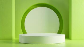A green, minimalistic, abstract background features a round white podium centered under soft light, creating a modern vibe. photo