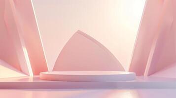 A minimalistic display pedestal is set against a soft pink geometric backdrop with gentle lighting, creating an elegant atmosphere perfect for showcasing products or art pieces. photo
