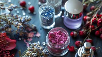 A detailed view of a jar filled with powder resting on a table surface. photo