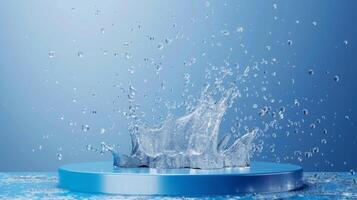 Water splashes onto a circular platform, scattering droplets in an indoor setting with a blue gradient backdrop. photo