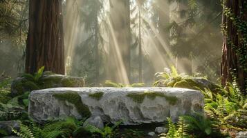 Early morning sunlight filters through tall trees, lighting up a moss-covered stone bench in a peaceful forest clearing. photo