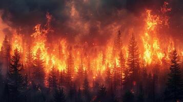 A forest ablaze with fire, trees consumed by flames spreading rapidly through the woodland. photo