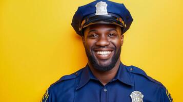 A police officer in uniform smiling and looking friendly against a bright yellow background. photo