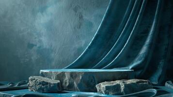A stone pedestal is surrounded by rocks and draped with teal fabric in a contemporary, minimalist scene. photo