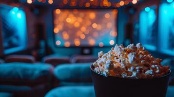 A cozy home theater with comfortable seating and warm lighting hosts an evening movie screening. A bucket of popcorn is in the foreground, enhancing the cinema experience. photo
